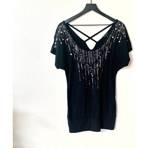FANG Black Tunic Scoop-Neck Top With Silver Studs Size Medium - Picture 1 of 4